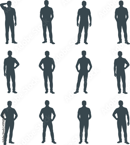 Standing human silhouettes various poses gestures body language posture positions grid vector illustration nonverbal communication character design artwork