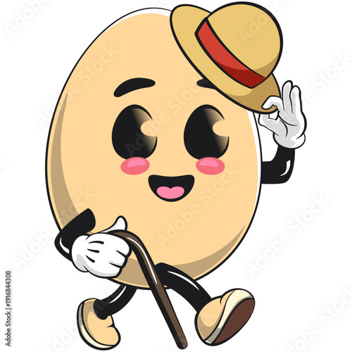 cute egg mascot character walk with a stick and saluting with raised hat, isolated vector illustration, work of hand drawn