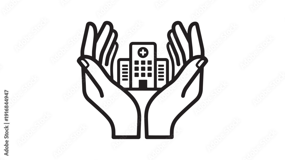 Obraz premium Hands Holding Hospital Building Icon for Healthcare Facility Management, Patient-Centric Services and Medical Infrastructure Investment Vector Illustration