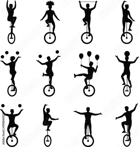 Unicycle performance silhouettes juggling balloons acrobatic tricks circus balance coordination entertainment vector illustration creative stunt rider artwork design