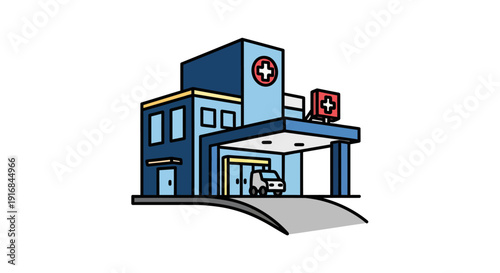 Illustration of a modern hospital building with a covered entrance and a car, symbolizing healthcare services and medical facilities for patient care