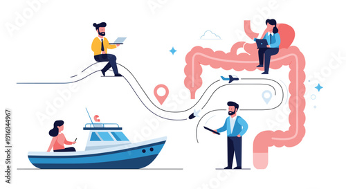 Conceptual illustration depicting people using technology and various modes of transport to navigate a complex pathway leading into the human digestive tract.