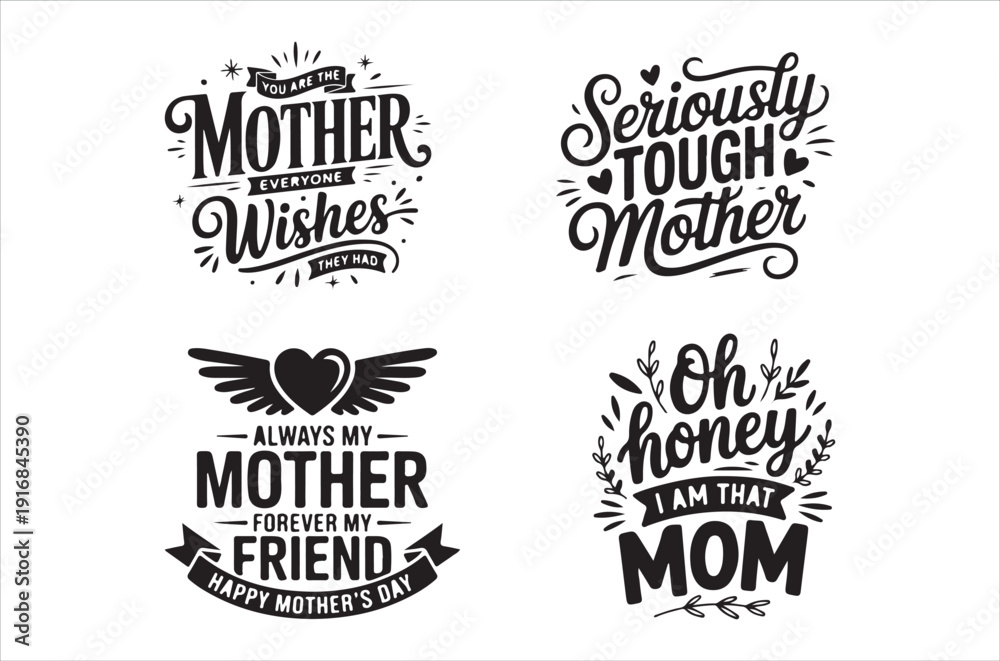 Fototapeta premium Four mother s day themed lettering designs with decorative elements