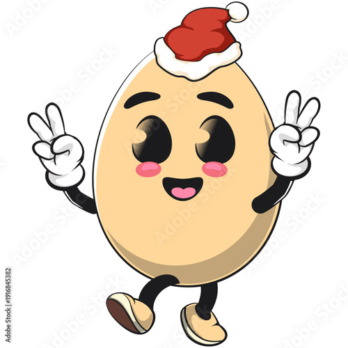 cute egg mascot character with peace sign wearing a santa hat and smiling, isolated vector illustration, work of hand drawn