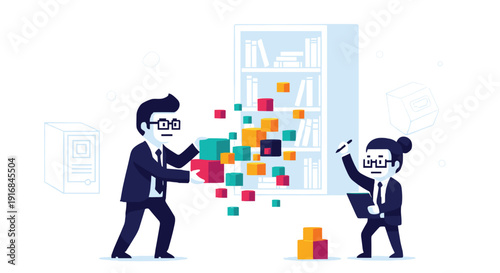 Two business professionals collaborate to organize a floating cloud of colorful data blocks, sorting them neatly onto a bookshelf representing a digital archive.