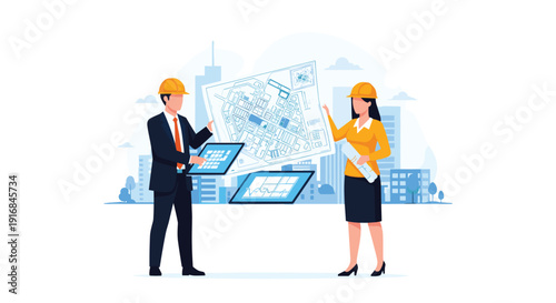 Male and female engineers in hard hats analyze a large architectural blueprint and digital tablets against a city skyline, representing construction planning and urban development.