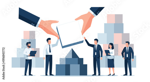 A team of business professionals collaborates to build a structure from blocks while giant hands place the final piece, symbolizing teamwork, leadership, and project completion.
