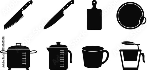 Collection of kitchen utensils and cookware icons for cooking and food preparation on transparent background