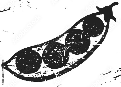 Stylized black and white illustration of an open pea pod with four peas inside