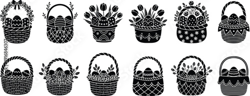 Black silhouette collection of Easter baskets with decorated eggs and spring flowers for holiday celebration greeting card and seasonal promotion