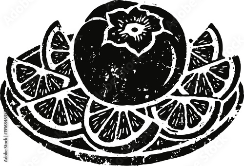 Persimmon fruit with sliced wedges arranged on plate vintage grunge illustration