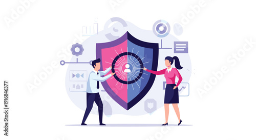Man and woman collaborate to hold a large shield, symbolizing data protection, online privacy, and secure information systems for business and technology.