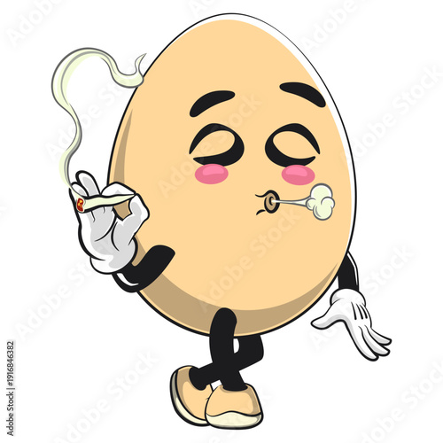 cute egg mascot character smoke calmly isolated vector illustration, work of hand drawn