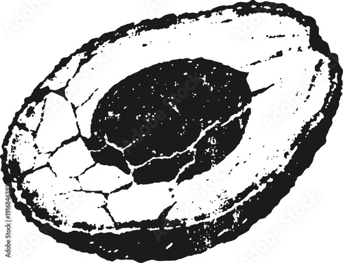 Black and white sketch of a cracked half avocado with pit in the center
