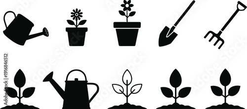 Collection of black silhouette icons representing gardening tools and growing plants on a transparent background