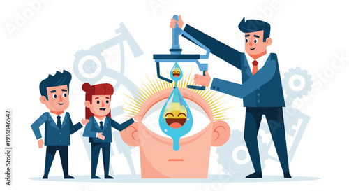 Medical or marketing team applies a positive solution, like a happy droplet, to a giant eye, representing vision care, customer perception, or branding strategy.