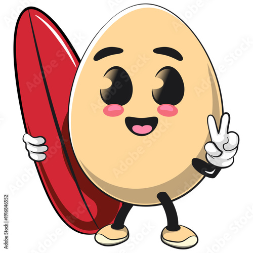 cute egg mascot character with surfboard and gave a peace sign, isolated vector illustration, work of hand drawn