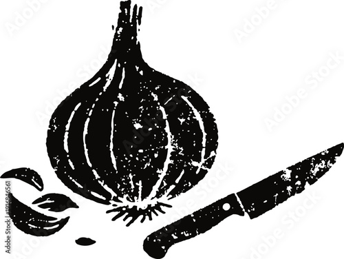 onion with knife and peeled slices rustic vegetable illustration for cooking and kitchen design