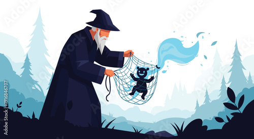 Old wizard with a long white beard and pointy hat captures a small, smiling blue spirit creature in a net within a magical, misty forest.