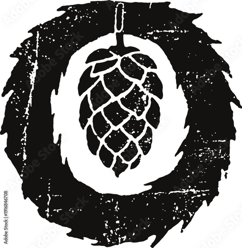 Vintage hop cone illustration with circular brushstroke background for craft beer and brewing design