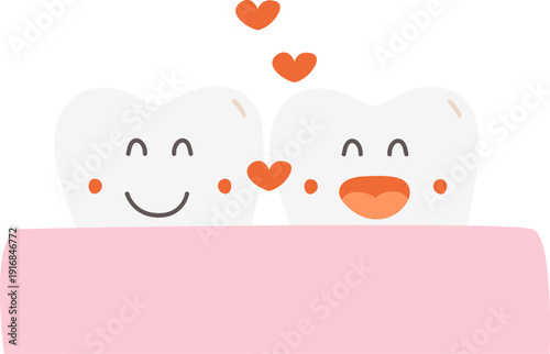 Lovely teeth together. Happy tooth mascot with hearts