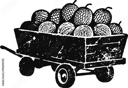 Wooden cart filled with round pumpkins and gourds, rustic autumn harvest illustration