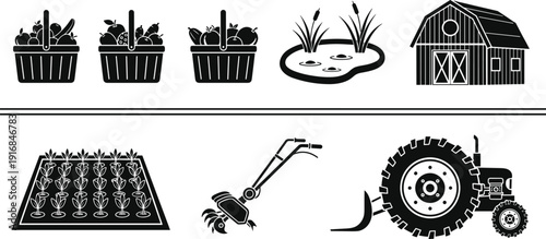 Black silhouette collection of farm icons including harvest baskets barn tractor pond and crops for agriculture rural and organic gardening