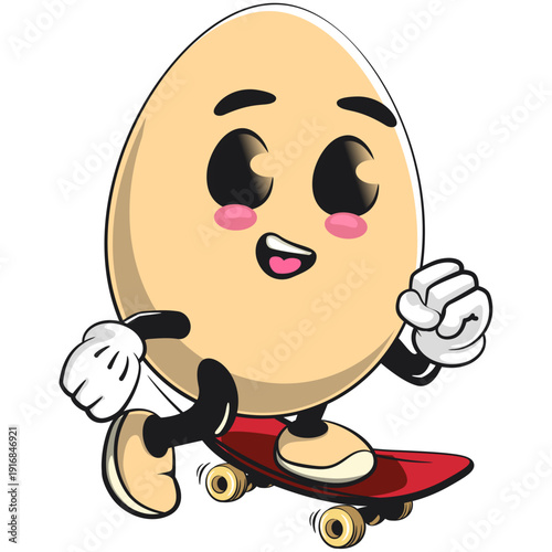 cute egg mascot character playing skate boarding, isolated vector illustration, work of hand drawn