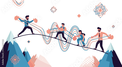 Team of colleagues collaborating to manage a volatile data wave, stretching and shaping it while balancing precariously on a tightrope over mountains.