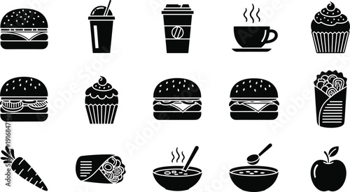 Black silhouette collection of fast food burgers cupcakes and healthy snacks for restaurant menu cafe branding and food delivery concept