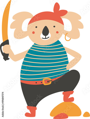 Funny koala pirate color character. Animal with retro sword