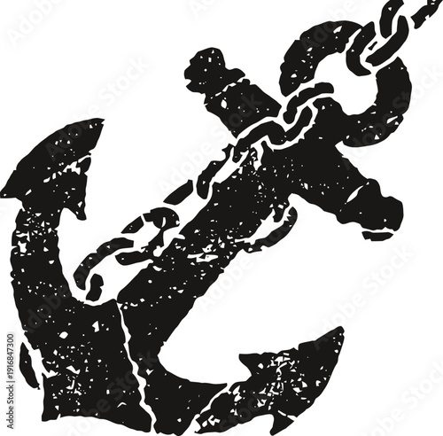 Rustic anchor with chain silhouette vintage nautical maritime symbol with textured distressed effect