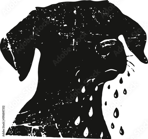 Distressed dog silhouette crying with large tear drops, emotional and sad concept illustration