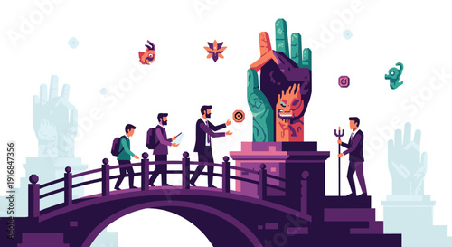 Business people crossing a bridge face a moral choice, with one offering a coin to a deity-like hand statue while a devil figure looks on nearby.