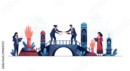 Business professionals finalize an international agreement by shaking hands on a bridge surrounded by diverse cultural landmarks.