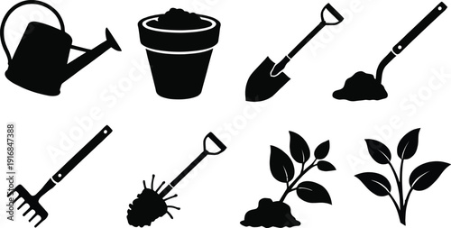 Collection of black silhouette icons depicting various gardening tools and plants for outdoor activities
