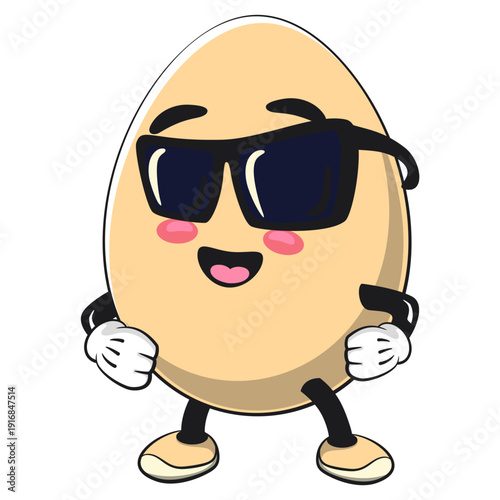 cute egg mascot character wearing sunglasses calmly, isolated vector illustration, work of hand drawn