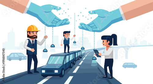 Large digital hands connect business professionals to a fleet of cars on a highway in a pixel art concept for modern transportation systems.