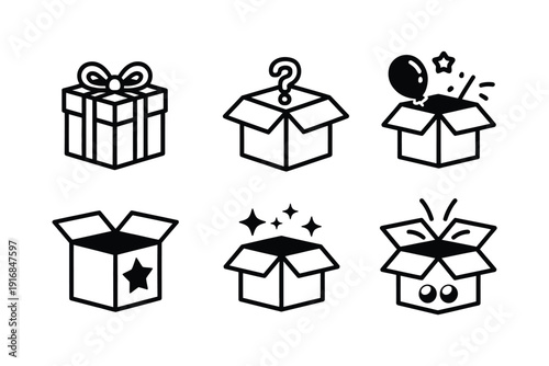 Line Art Mystery Box Icon Set, Creative Vector Icons Representing Presents Mystery Rewards And Surprise Elements For Promotions, Sales Campaigns, And Interactive Marketing Materials In Line Art Style.