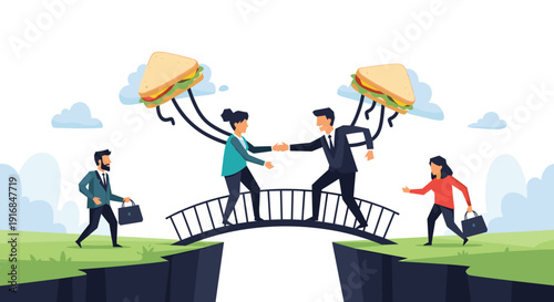 Business people shaking hands on a bridge to finalize a deal, with two colleagues wearing giant sandwiches as backpacks.