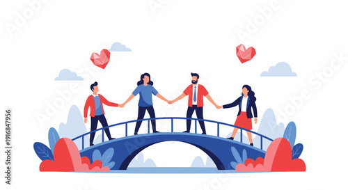 A diverse group of four friends holds hands in unity on a bridge surrounded by hearts, symbolizing love, strong community bonds, and supportive relationships.