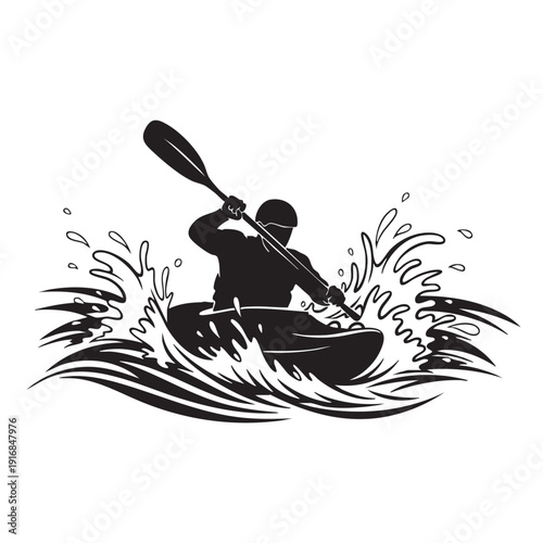 Kayaker Paddling Through Waves Silhouette Vector Dynamic Whitewater Kayaking Adventure Water Sport Illustration