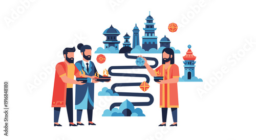 Men in traditional and modern attire participate in a cultural exchange ceremony with asian architecture in the background.