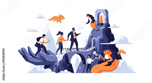 Business people journey across a bridge held by giant supportive hands, illustrating mentorship, guidance, and career progression.
