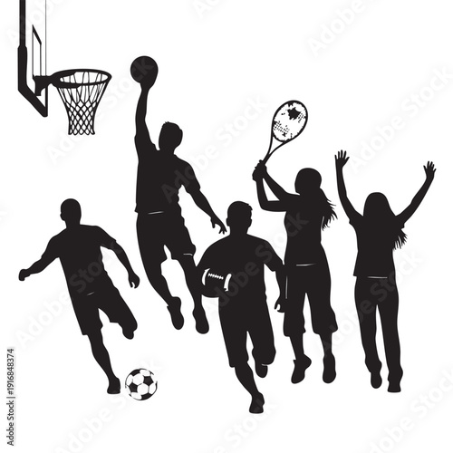 Diverse Group Young Adults Playing Various Sports Basketball Soccer Football Tennis Enthusiastic Players Athlete Silhouette Vector