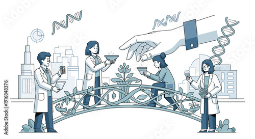 Scientists in lab coats collaborate on a bridge, conducting genetic research and nurturing plant life for a sustainable future.