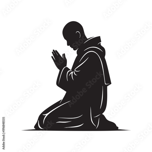 Silhouette of a Monk in Prayer, Kneeling and Meditating with Hands Clasped, Spiritual Contemplation and Devotion, Serene Religious Figure, Black and White Vector Illustration for Design Projects