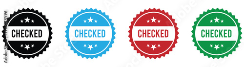 Set of checked stamp icons in black, blue, red, and green colors