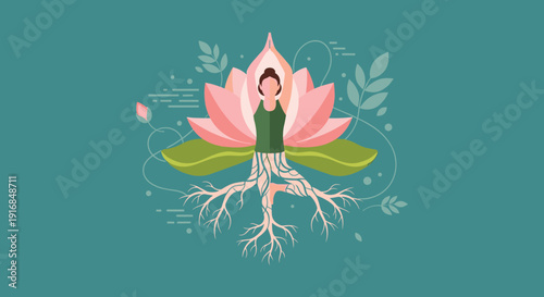 Woman in a yoga pose sits within a blooming lotus flower with deep tree roots, symbolizing grounding, mindfulness, and spiritual well-being.