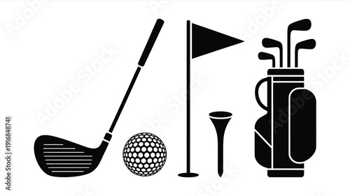 Golf Equipment Black Silhouette Set. Club, Ball, Flag, Bag Objects. Vector Illustration